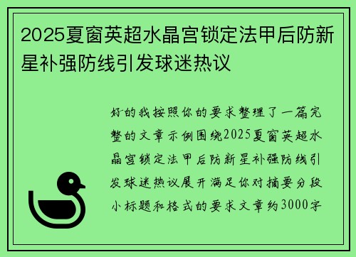 2025夏窗英超水晶宫锁定法甲后防新星补强防线引发球迷热议